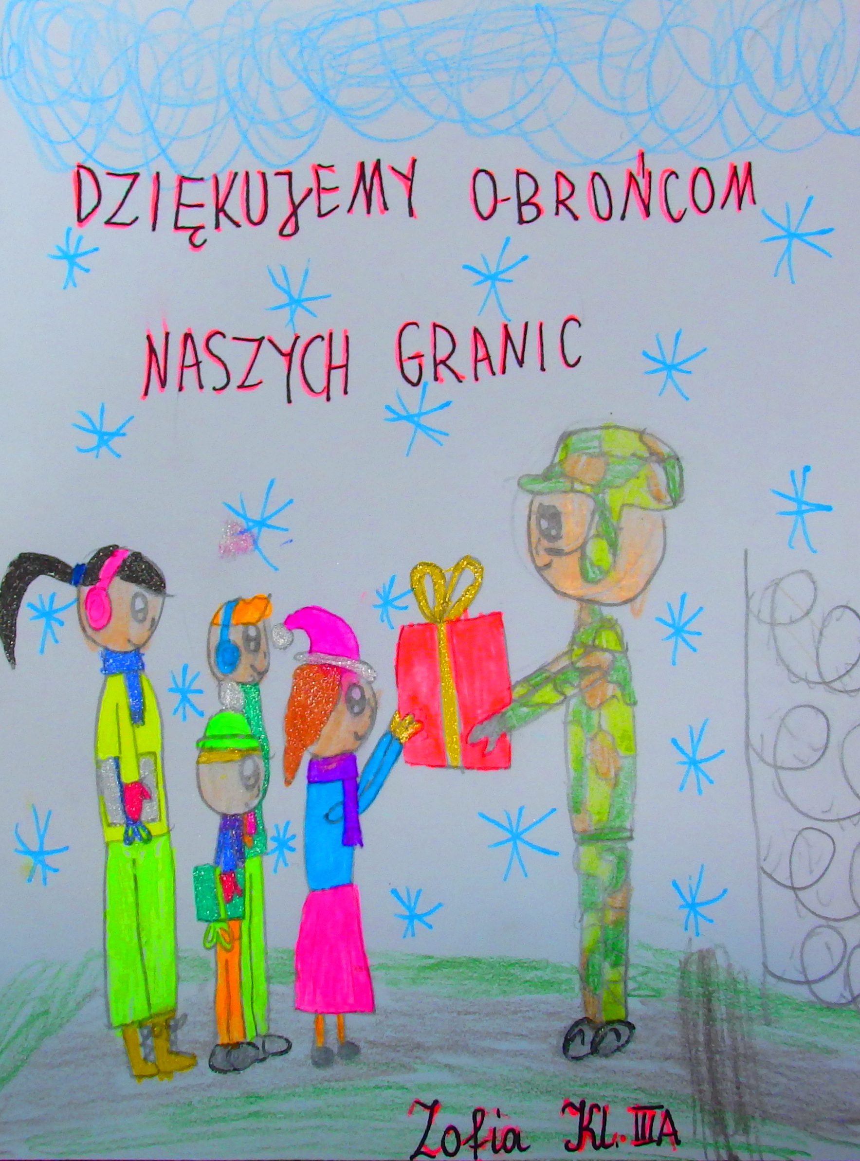Kartka narysowana przez uczennicę z klasy III, Zosię. Na rysunku grupka 4 dzieci z prezentami, które wręczają żołnierzowi. 